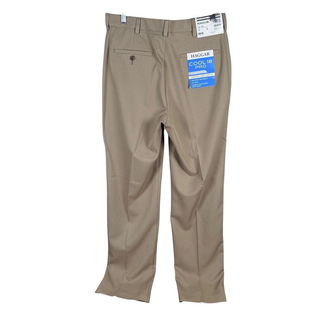 Haggar Cool 18 Pro Pants Mens 32x32‎ Tan Classic Fit Stretch Gabardine Khakis